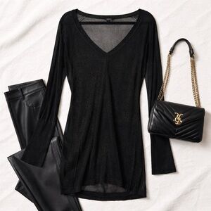 Theory Sheer Metallic V-Neck Tunic Sweater Dress Black Size Large